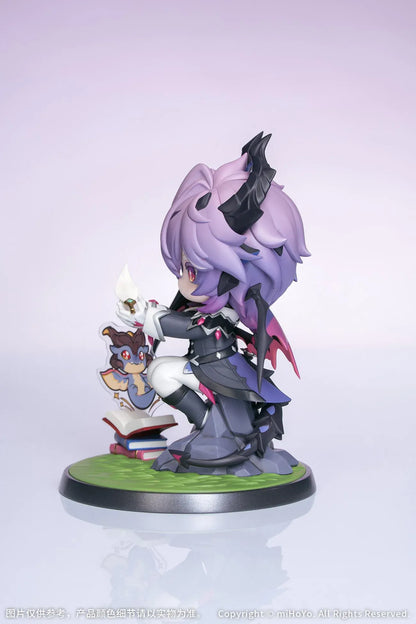 Genshin Impact Durin Floral Wanderings ver. with Bonus Non Scale Figure featuring Durin with lavender hair, horns, bat-like wings, books, companion illustration, and themed display base.