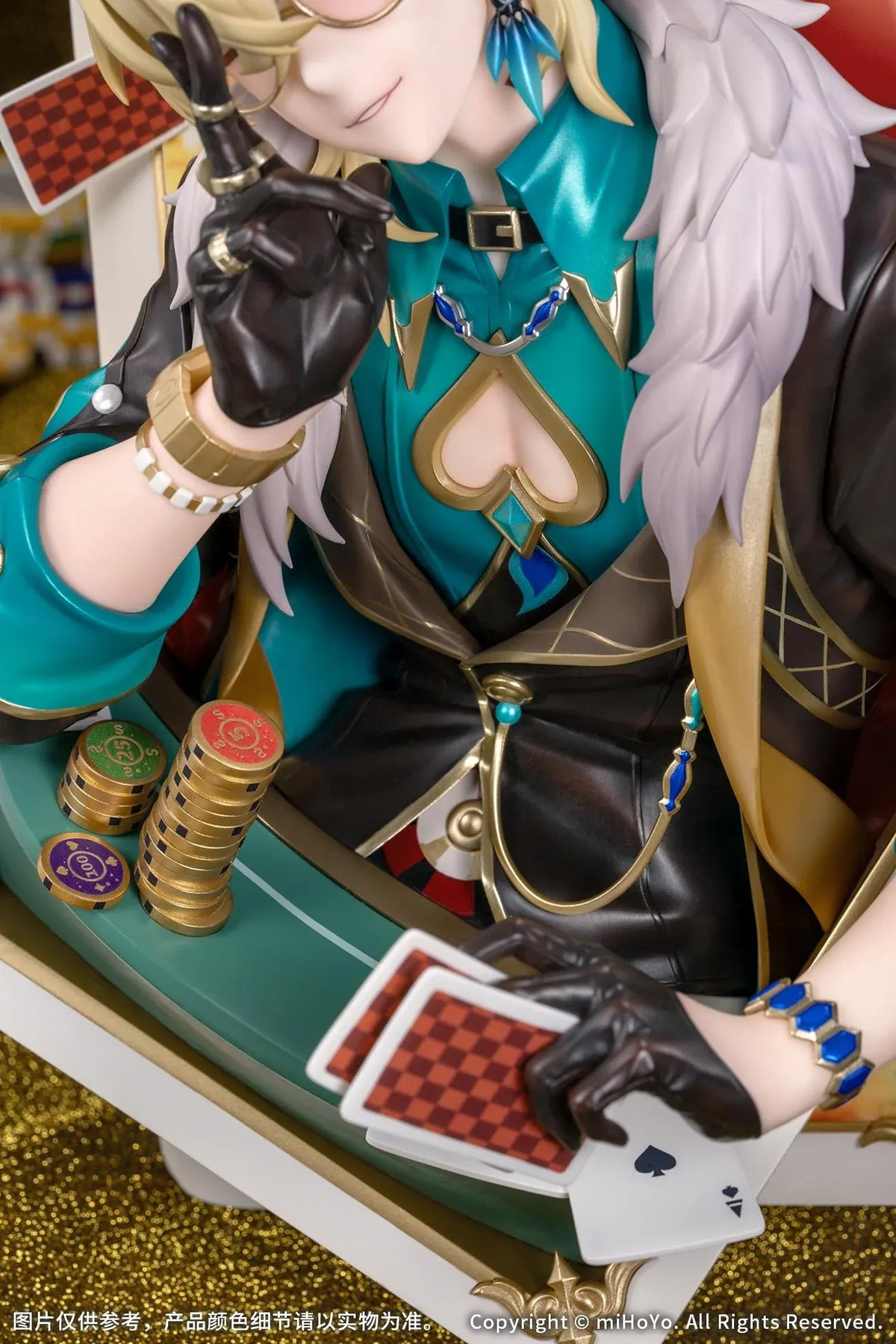 Honkai Star Rail Diorama Aventurine Inherently Unjust Destiny Ver. Non-Scale Figure featuring a blonde-haired character with purple eyes, glasses, a black and teal outfit with gold accents, and a white fur collar surrounded by playing cards, poker chips, and an ornate casino backdrop.