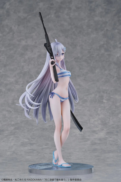 Playing Death Games to Put Food on the Table Yuki 1/7 Scale Figure with long silver hair, blue-and-white outfit, rifle, blade accessory, and display base