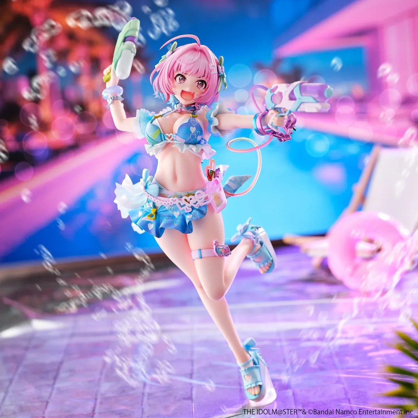 Riamu Yumemi 1/6 scale figure from The Idolmaster Cinderella Girls in pastel blue idol outfit holding water gun accessory on clear display base