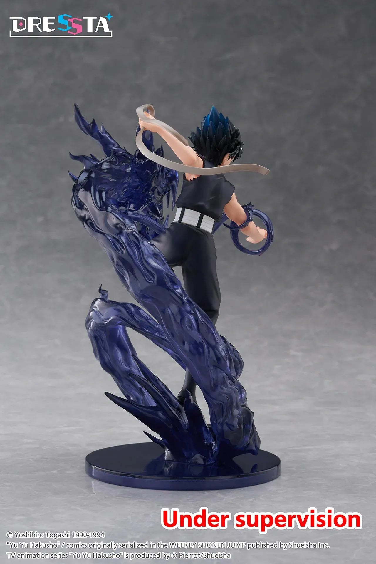 Yu Yu Hakusho Dressta Hiei Figure with black outfit, spiked hair, battle pose, and dark dragon energy effect