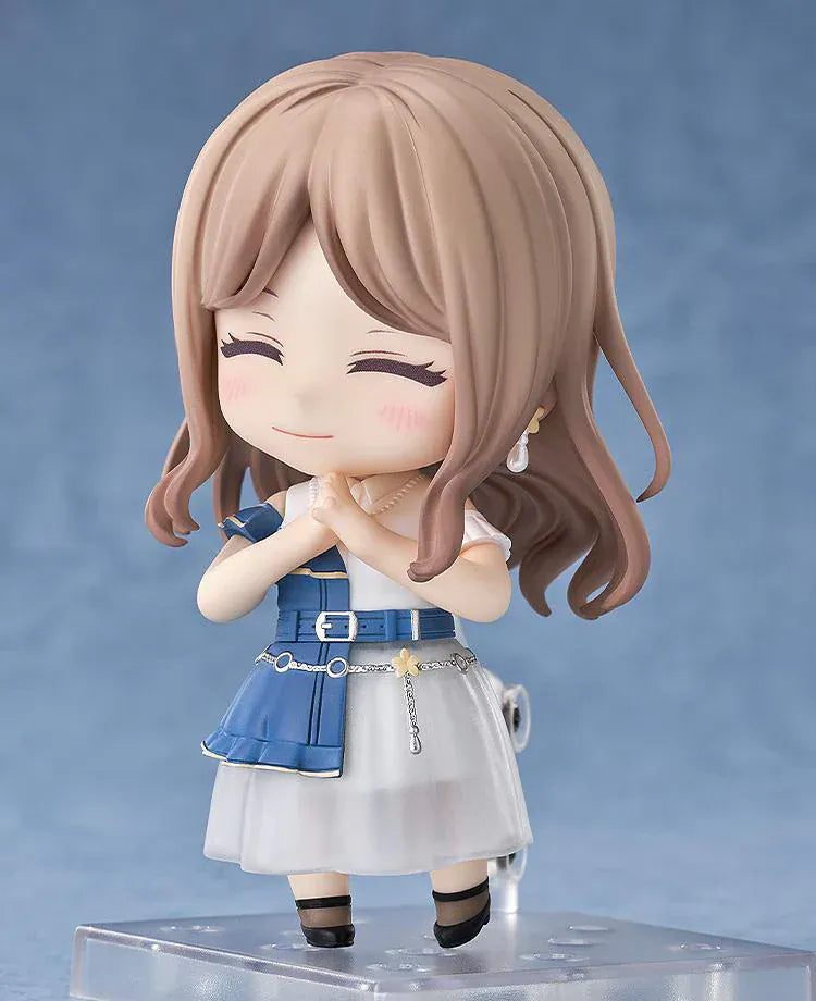 Nendoroid figure of Soyo Nagasaki from BanG Dream! holding a sunburst bass guitar, wearing a blue dress with a white skirt and black shoes.