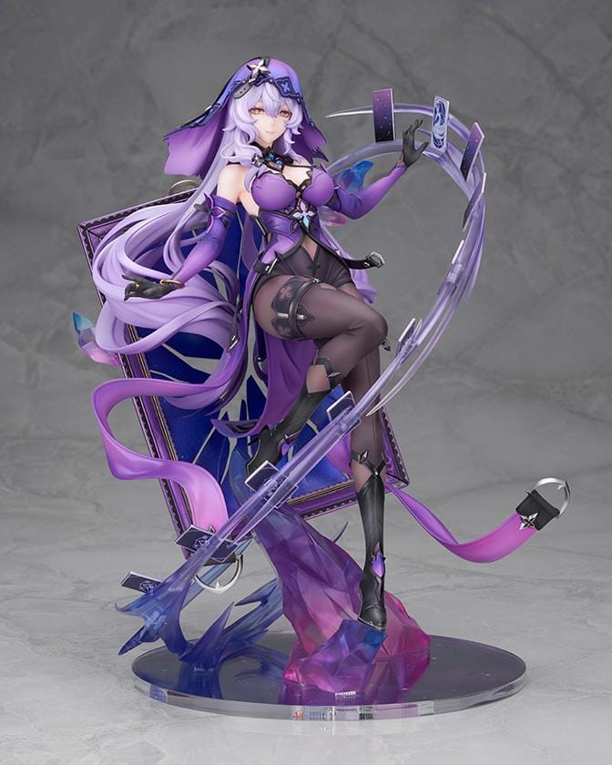 Honkai Star Rail Black Swan 1/7 Scale Figure featuring Black Swan with flowing lavender hair, purple outfit, tarot-inspired effects, and crystal-style display base.
