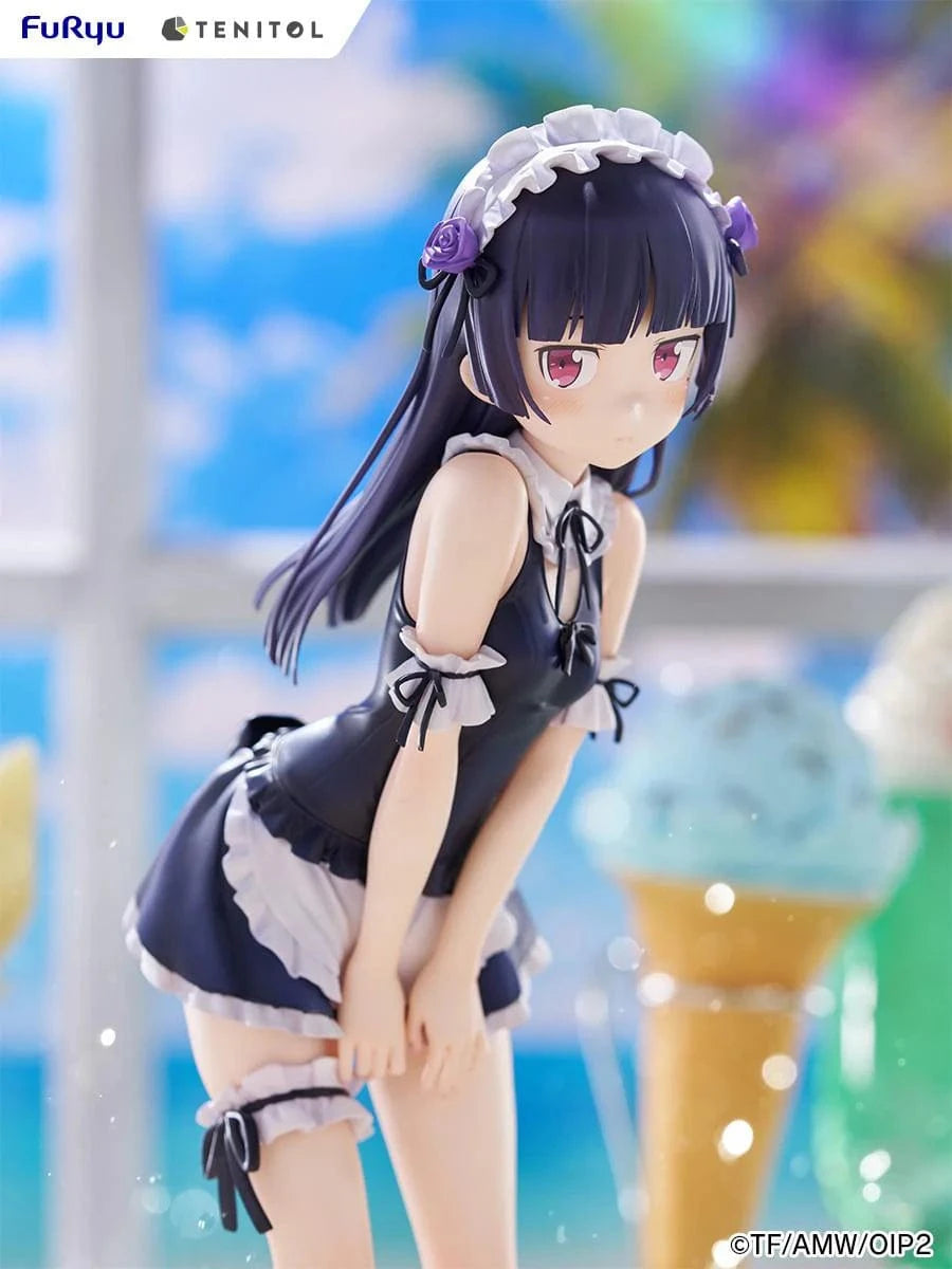 Oreimo Tenitol Tall Kuroneko Swimsuit Maid Ver. Figure featuring Kuroneko in a black-and-white maid swimsuit posing shyly by a dessert table with a beach backdrop