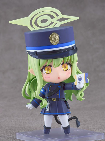Blue Archive Nendoroid Hikari Tachibana Figure featuring Hikari with light green hair, golden eyes, oversized officer cap, academy uniform, and halo-style effect piece.