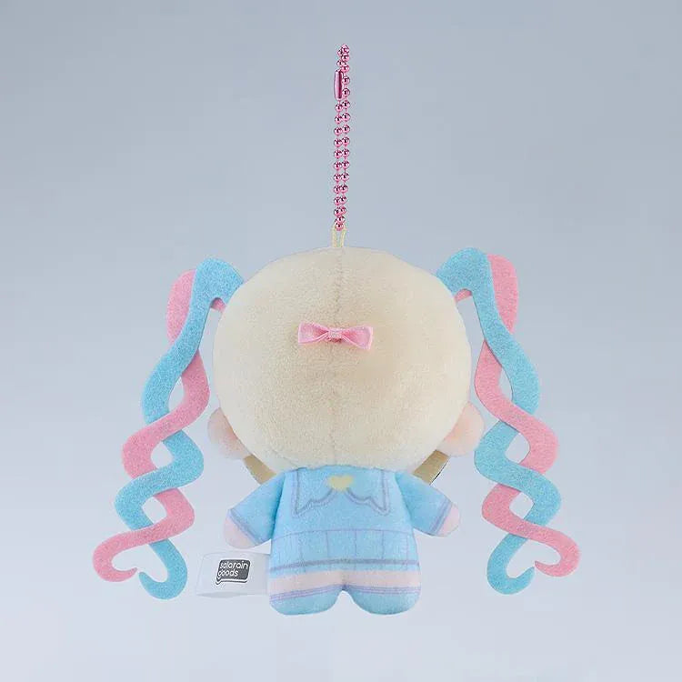 NEEDY GIRL OVERDOSE OMGkawaiiAngel Punipico mascot plushie with pastel spiral twin-tails, blue embroidered eyes, a cream bow, and a pink ball chain.