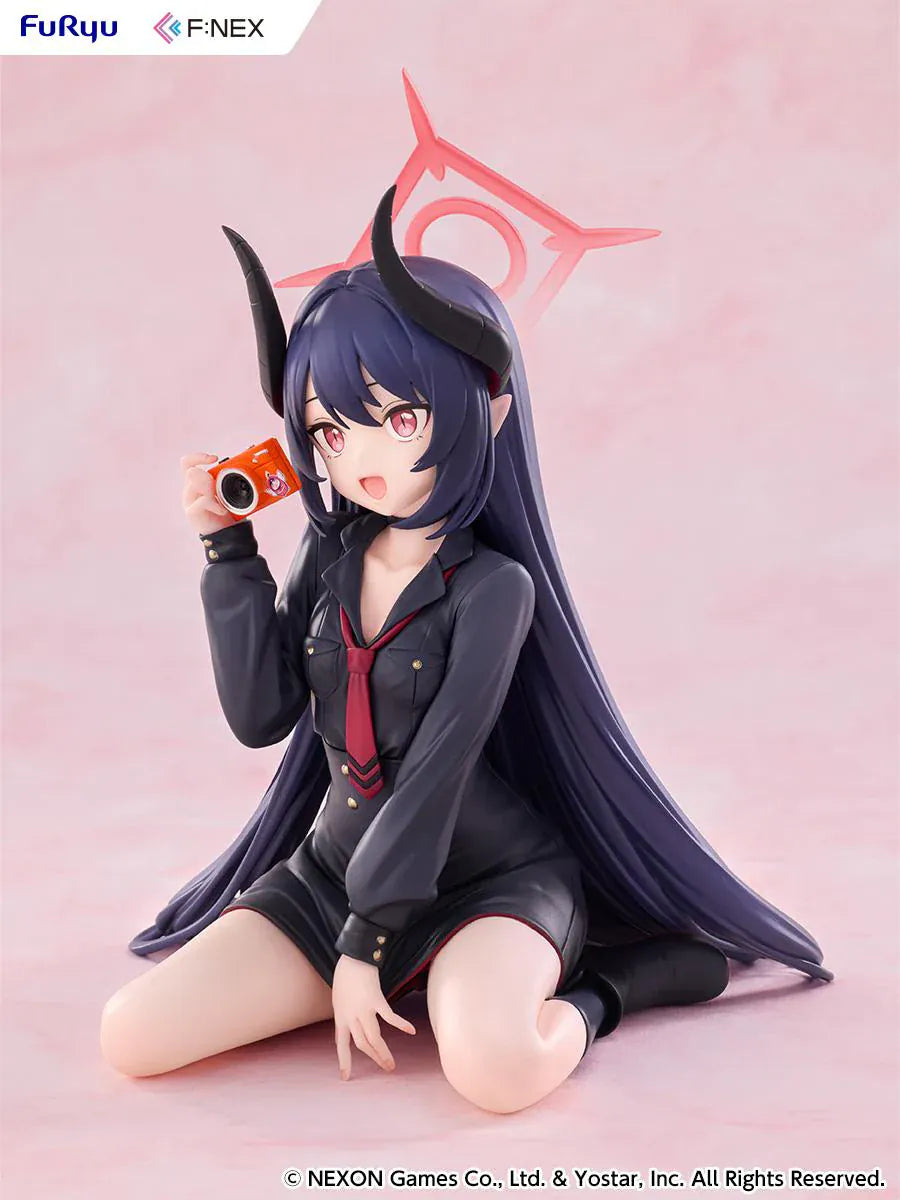 Blue Archive Chiaki Memorial Lobby Ver. 1/7 Scale Figure seated with dark outfit, horn details, pink halo, and camera accessory