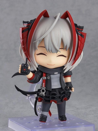 Arknights Nendoroid W Figure (Rerelease) featuring a silver-gray-haired anime girl with orange eyes, red and black horns, a black and red combat outfit, flowing scarf, and weapon accessories in a cute chibi design.