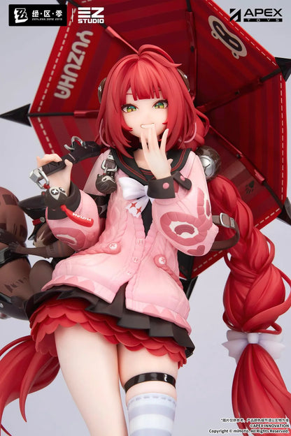 Zenless Zone Zero Yuzuha Ukinami 1/7 Scale Figure by APEX Toys featuring a red-haired anime girl with long braided twin-tails, green eyes, a pink jacket, layered red skirt, striped thigh-high stockings, and black boots while holding a large red umbrella on a circular display base.