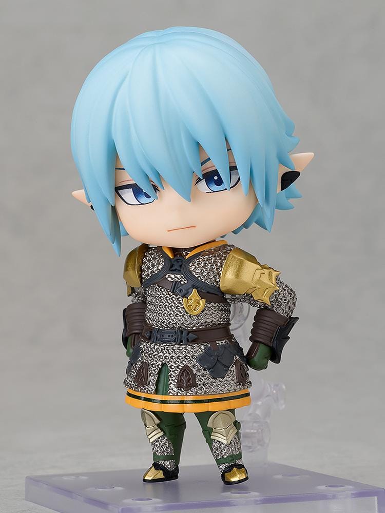 Final Fantasy XIV Nendoroid Haurchefant with pale blue hair, silver chainmail, a sword, and a black shield bearing a red unicorn emblem.
