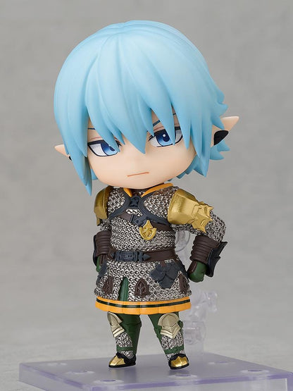 Final Fantasy XIV Nendoroid Haurchefant with pale blue hair, silver chainmail, a sword, and a black shield bearing a red unicorn emblem.