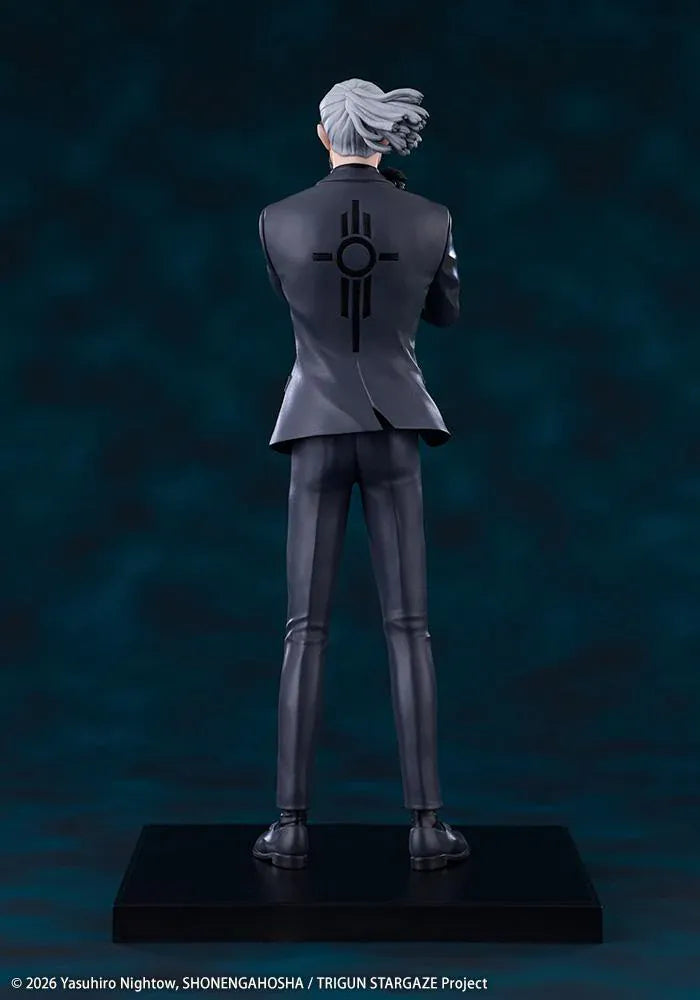 Trigun Stampede Oshi Works Livio the Double Fang Figure featuring Livio with silver hair, black suit, crossed-arm pose, stern expression, and display base.