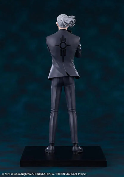 Trigun Stampede Oshi Works Livio the Double Fang Figure featuring Livio with silver hair, black suit, crossed-arm pose, stern expression, and display base.