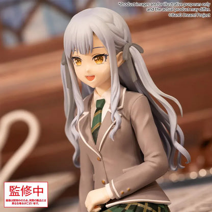 BanG Dream Ave Mujica Sakiko Togawa Uniform Ver. Premium Figure featuring Sakiko seated in a school uniform with long silver twin tails, golden eyes, beige blazer, and green plaid skirt.
