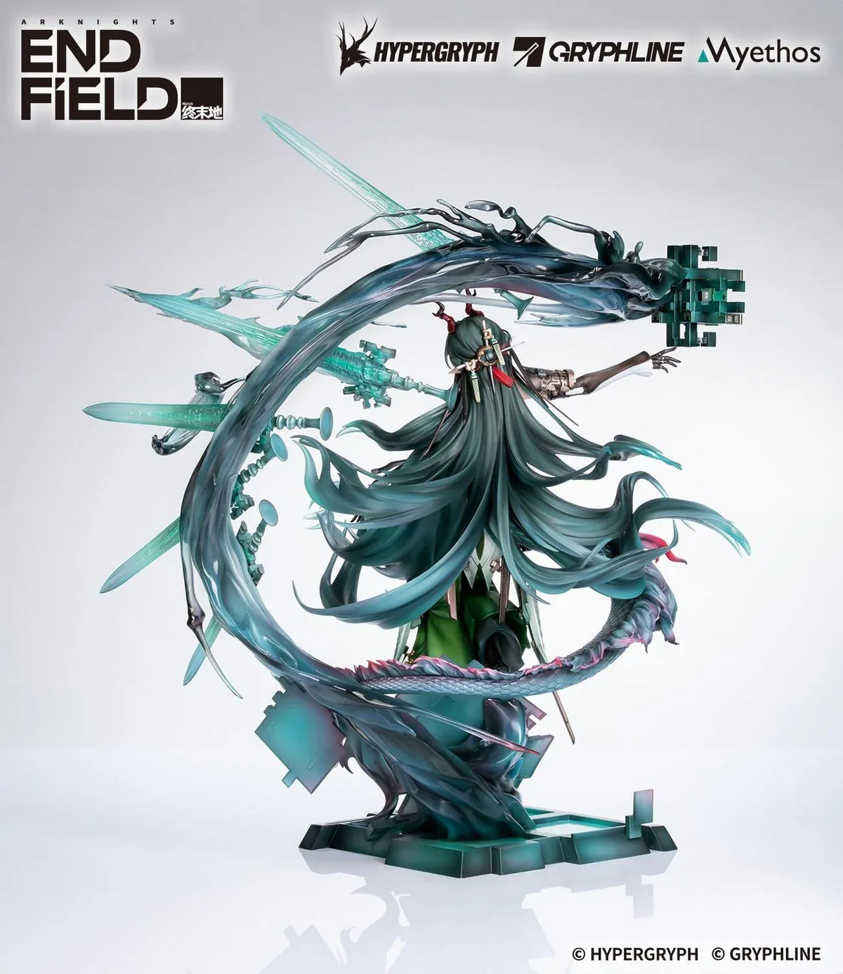 Arknights Endfield Zhuang Fangyi 1/7 scale figure with teal hair and a green outfit, surrounded by a curling dragon and translucent turquoise blades.