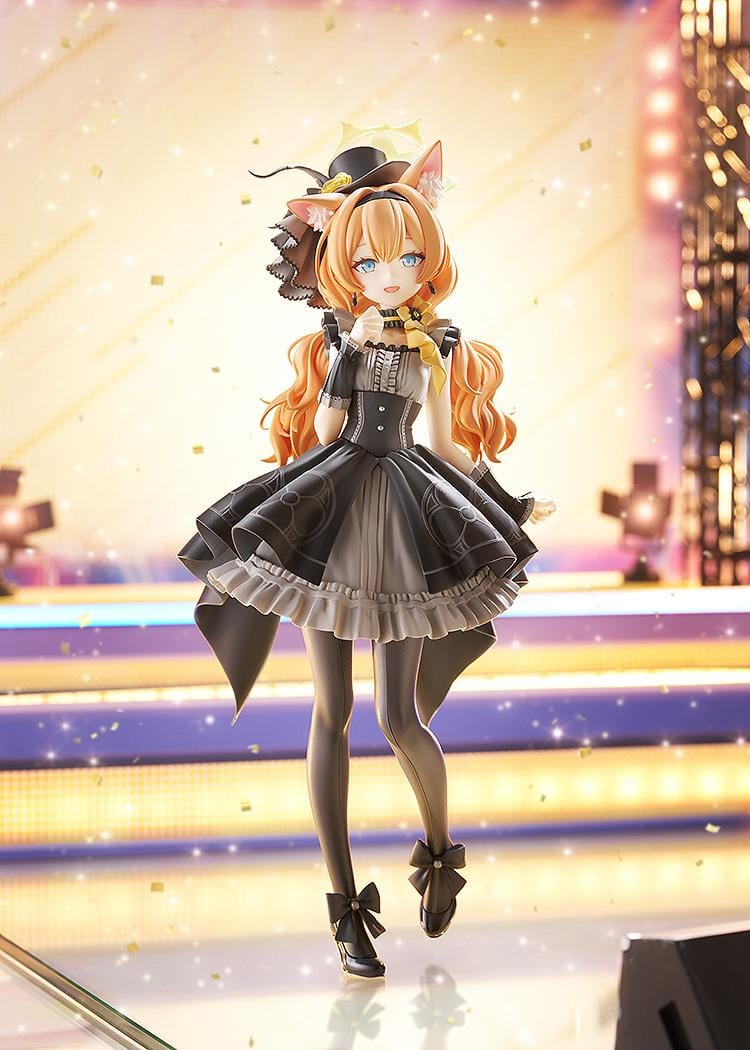 Scale figure of Mari from Blue Archive in her Pop Idol outfit, wearing a black and gray frilled dress with cat ears, hat, and ribboned heels on a yellow base.