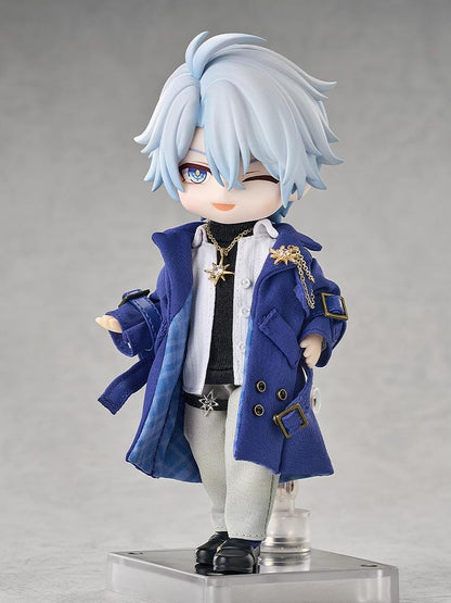 Honkai Star Rail Nendoroid Doll Phainon Express Travel Ver. featuring Phainon with silver-blue hair, blue coat, fabric-style outfit, gold accessories, and wink expression.
