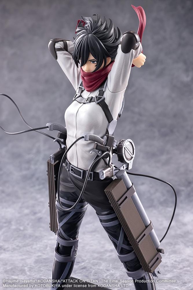 Attack on Titan Oshi Works Mikasa Ackerman The Final Season figure featuring Mikasa in her Survey Corps uniform adjusting her signature red scarf with detailed ODM gear