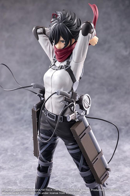 Attack on Titan Oshi Works Mikasa Ackerman The Final Season figure featuring Mikasa in her Survey Corps uniform adjusting her signature red scarf with detailed ODM gear