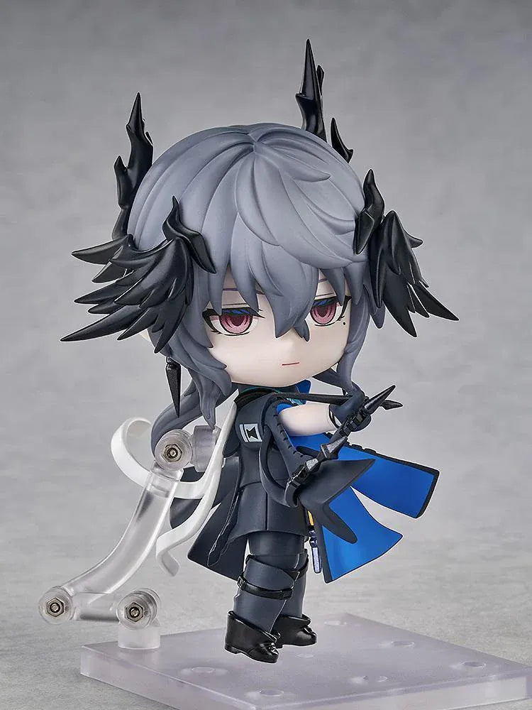 Arknights Logos Nendoroid figure with gray hair, pink eyes, black horn and feather-like details, and a dark coat with blue lining.