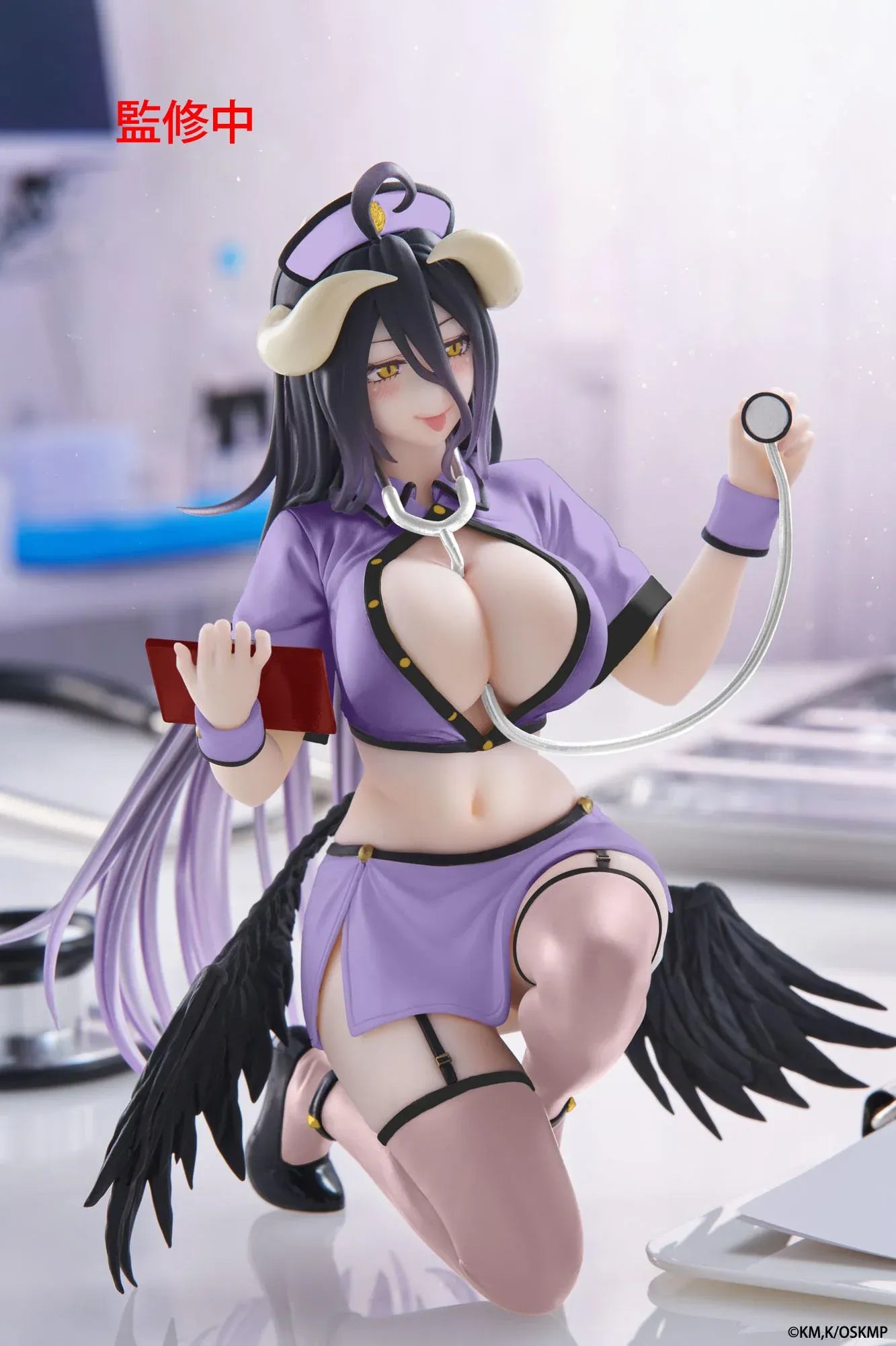 Overlord Desktop Cute Albedo Nurse Ver. figure wearing a lavender nurse uniform with a matching cap and stethoscope.