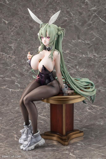 Soda Twinkling Bunny 1/4 scale figure seated in a black bunny outfit with sheer tights, mint-green twin tails, and tall bunny ears.