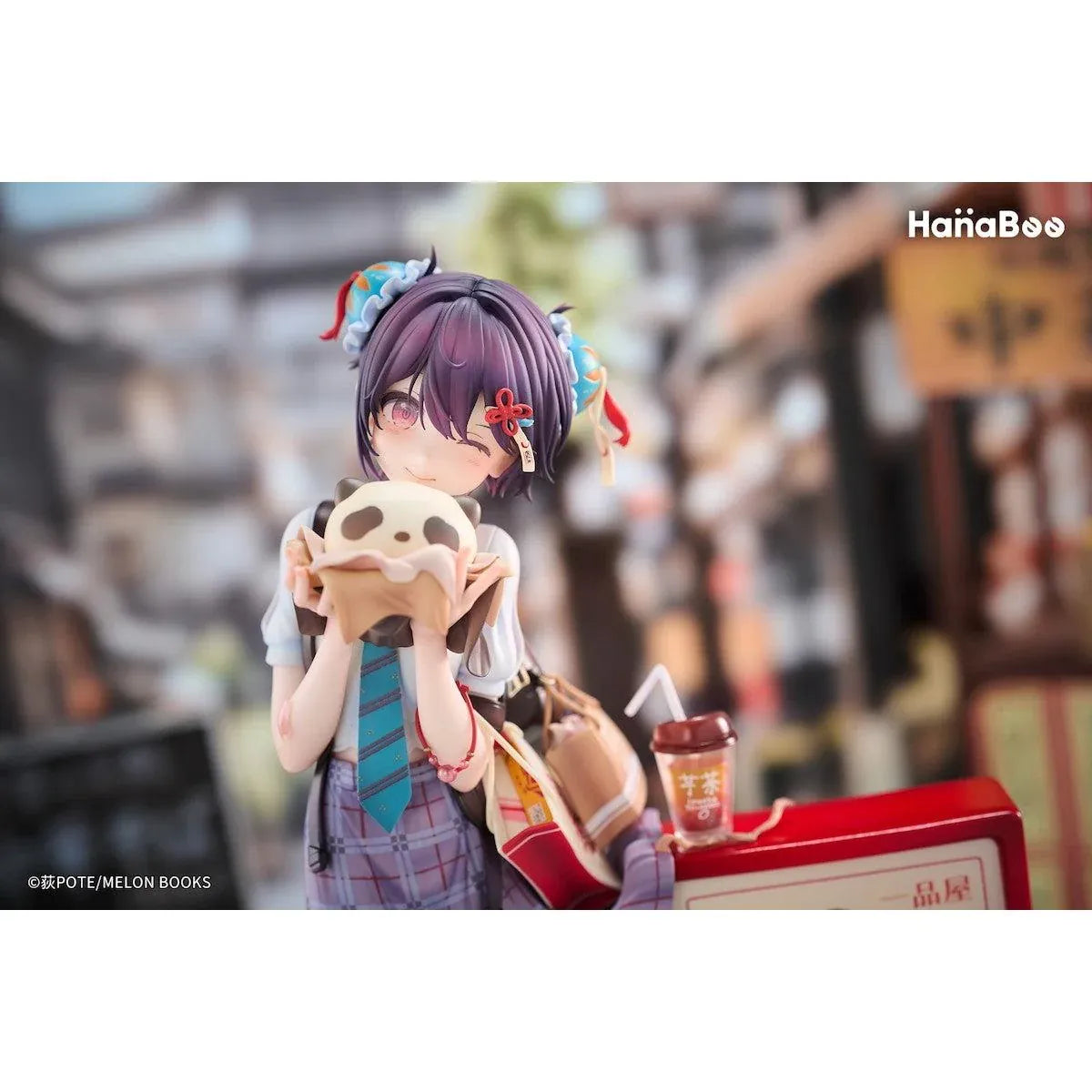 Panda Nikuman-chan Illustrated by Ogipote Deluxe Edition 1/6 Scale Figure featuring a purple-haired anime girl in a plaid skirt holding a panda-shaped steamed bun beside a red street food sign, accompanied by a matching illustrated wall scroll.