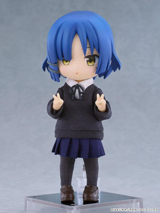 Bocchi the Rock Nendoroid Doll Ryo Yamada figure with blue hair wearing a school outfit with fabric sweater and skirt
