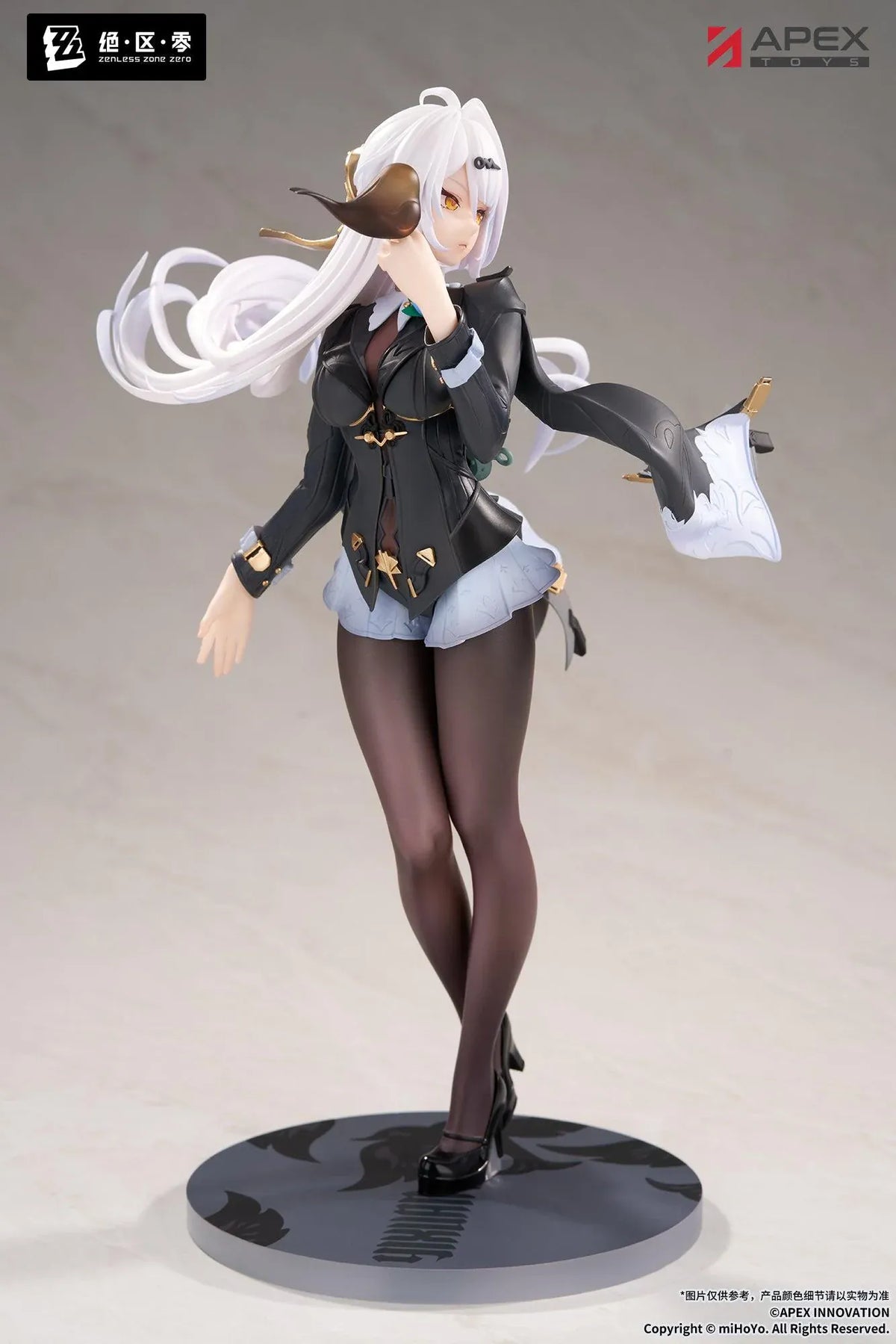 Zenless Zone Zero Limepie Yixuan Trails of Ink Ver. 1/8 Scale Figure by APEX Toys featuring a white-haired anime woman with golden eyes wearing a black outfit with white embroidered accents, sheer stockings, and black heels while holding a small brown bird on a circular display base.