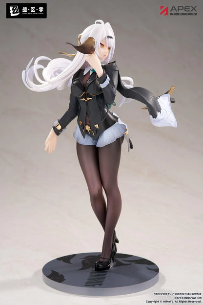 Zenless Zone Zero Limepie Yixuan Trails of Ink Ver. 1/8 Scale Figure by APEX Toys featuring a white-haired anime woman with golden eyes wearing a black outfit with white embroidered accents, sheer stockings, and black heels while holding a small brown bird on a circular display base.