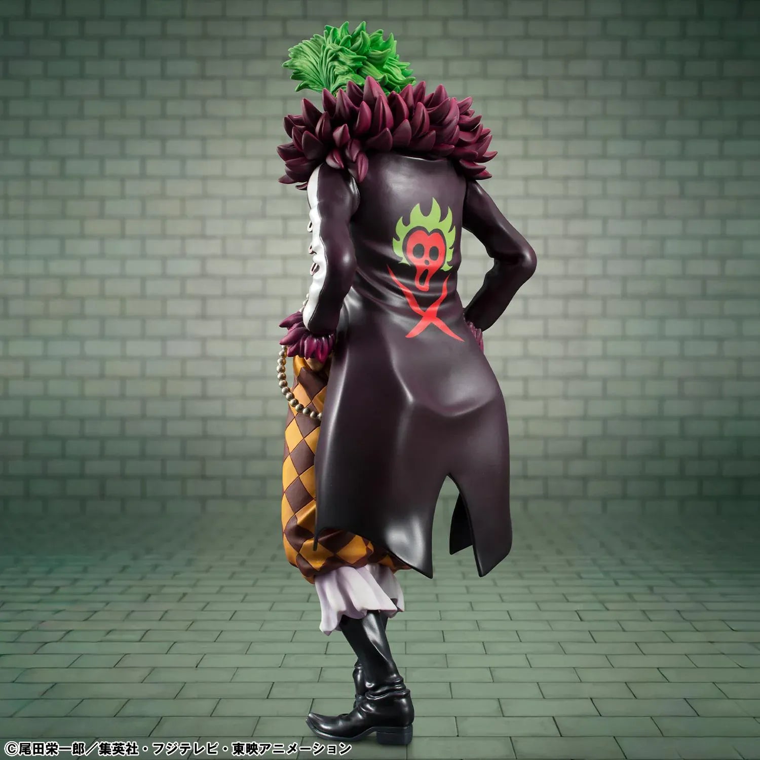One Piece Portrait Of Pirates Limited Edition Bartolomeo the Cannibal figure with green hair, black coat, and checkered pants