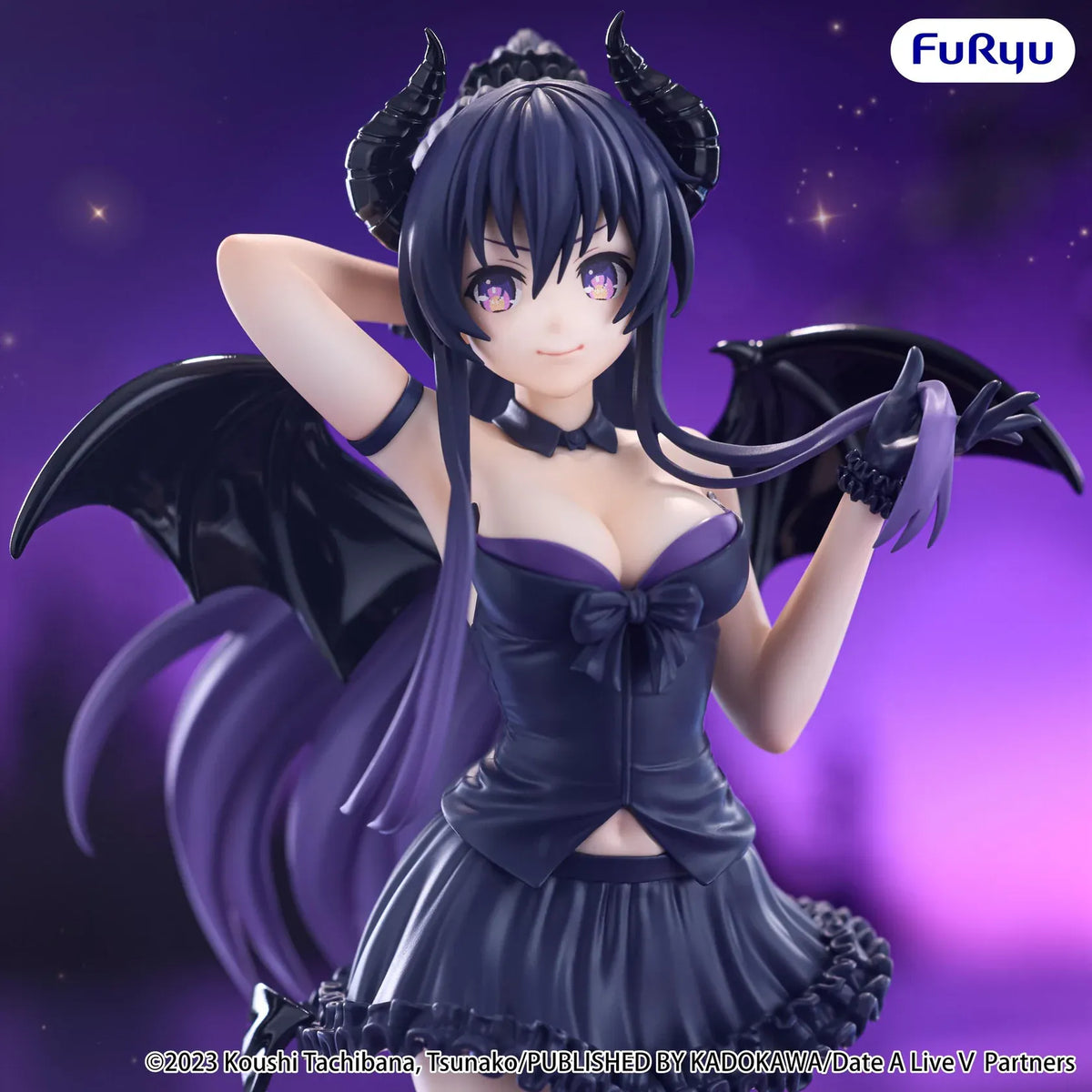 Date A Live V BiCute Dark Tohka Yatogami figure with purple hair, curved horns, black wings, a ruffled outfit, and tall boots.