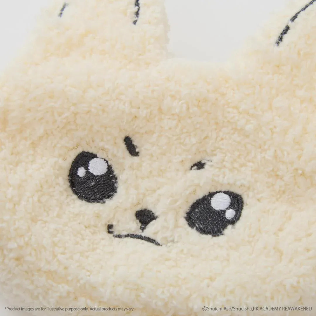 SHUN KAIDO Fukamoko Pouch featuring a fluffy cream-colored animal face with pointed ears, large black embroidered eyes, a small nose, and an adorably determined expression.