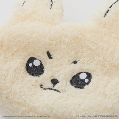 SHUN KAIDO Fukamoko Pouch featuring a fluffy cream-colored animal face with pointed ears, large black embroidered eyes, a small nose, and an adorably determined expression.