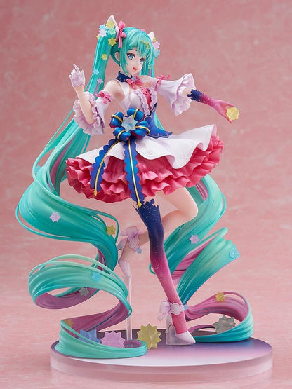 Hatsune Miku Rosuuri Ver. 1/7 scale figure with swirling turquoise twin tails, colorful stars, a pink and white ruffled dress, and a blue bow.