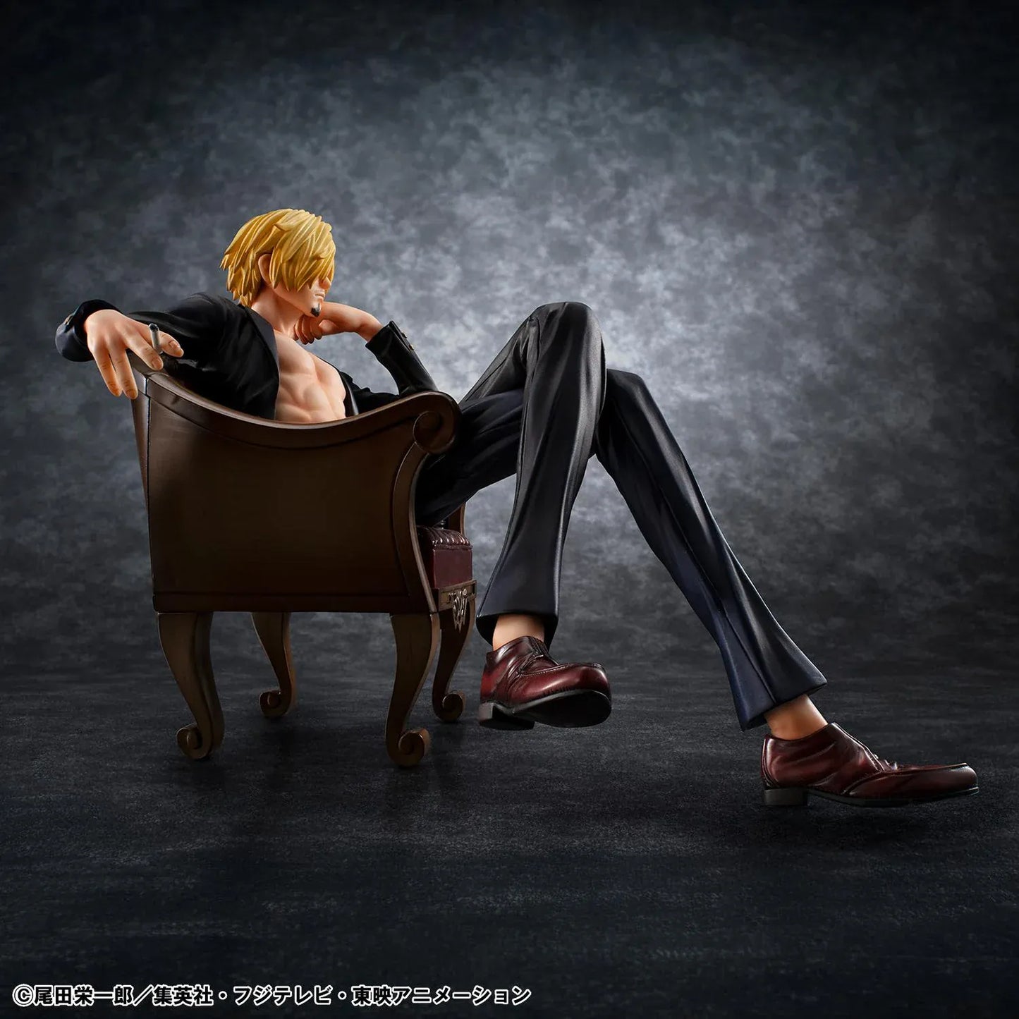 One Piece Portrait of Pirates S.O.C. Sanji Ver.R Figure seated in a chair with black suit, blonde hair, cigarette accessory, and relaxed pose