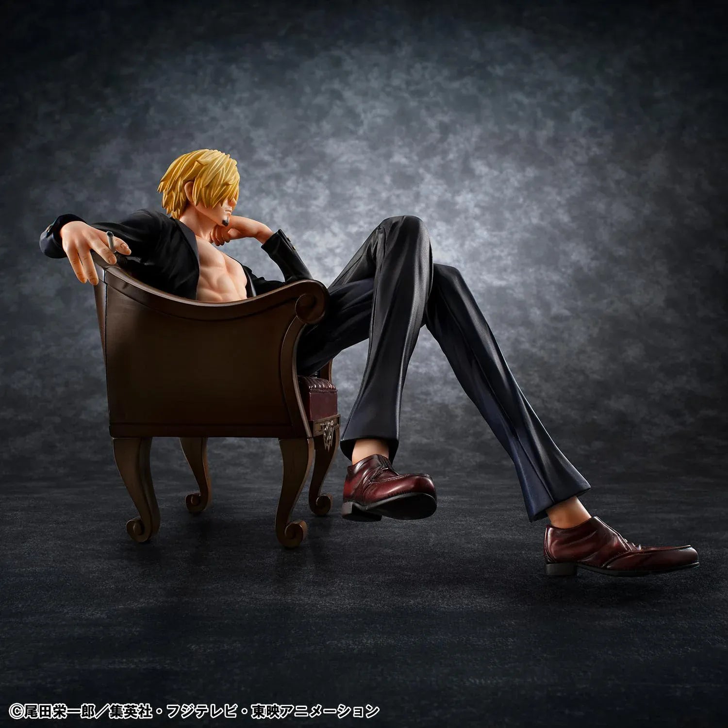 One Piece Portrait of Pirates S.O.C. Sanji Ver.R Figure seated in a chair with black suit, blonde hair, cigarette accessory, and relaxed pose