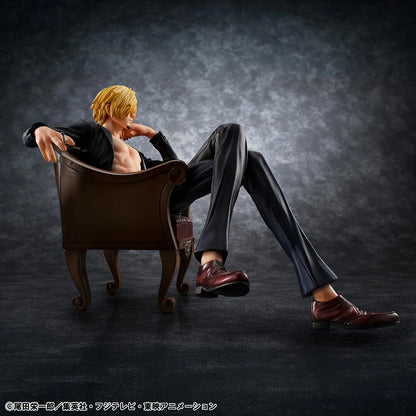 One Piece Portrait of Pirates S.O.C. Sanji Ver.R Figure seated in a chair with black suit, blonde hair, cigarette accessory, and relaxed pose