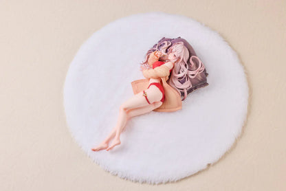 Makia 1/7 scale figure lying on a large fluffy white round base, wearing a cardigan and red lingerie, resting on a purple pillow