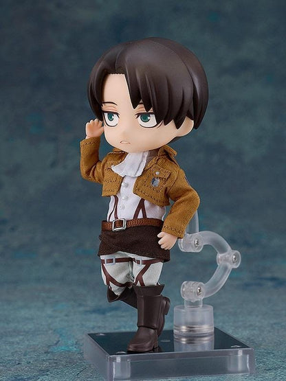 Attack on Titan Nendoroid Doll Levi (Rerelease) featuring a black-haired anime character with gray-blue eyes wearing a brown Survey Corps jacket, white shirt, harness straps, dark green cloak, and tall brown boots.