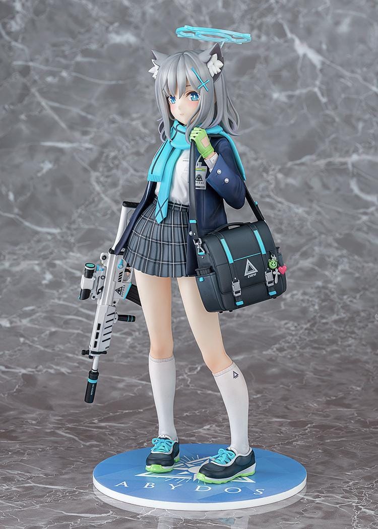 Blue Archive Shiroko 1/7 Scale Figure with silver-gray hair, wolf ears, blue halo, scarf, shoulder bag, and weapon accessory