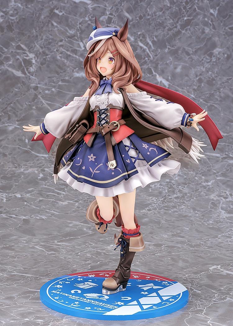 Umamusume Pretty Derby Matikanetannhauser 1/7 scale rerelease figure in a blue-and-red outfit with a flowing cape and themed display base.