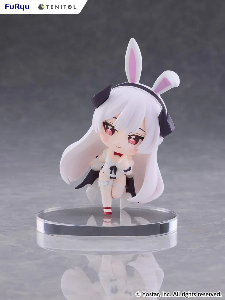 Stella Sora TENITOL Mini Virigia Bunny Figure by FuRyu featuring a white-haired anime girl with pink eyes, oversized bunny ears, a white bunny outfit with black accents, red bow tie, and matching shoes in a playful pose.