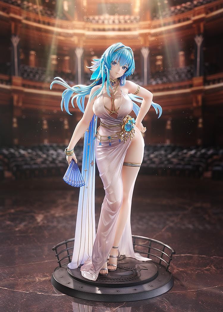 Goddess of Victory: Nikke Helm Chandelier 1/7 scale figure in shimmering pale dress with blue hair, gold accessories, and fan on ship-like base