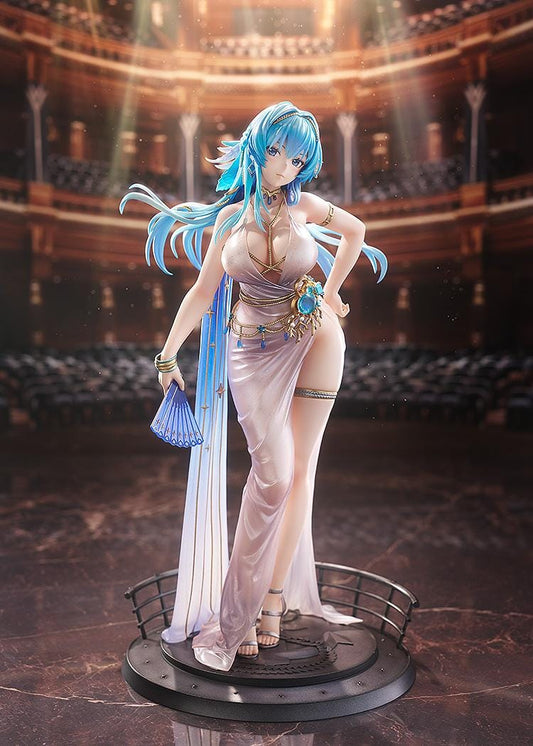 Goddess of Victory: Nikke Helm Chandelier 1/7 scale figure in shimmering pale dress with blue hair, gold accessories, and fan on ship-like base