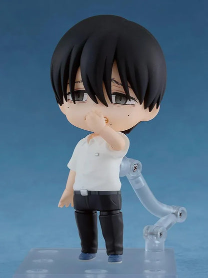 The Summer Hikaru Died Nendoroid Yoshiki Figure featuring a black-haired anime boy with gray eyes, a calm expression, white short-sleeved school shirt, dark pants, and blue-gray shoes in a cute chibi design.
