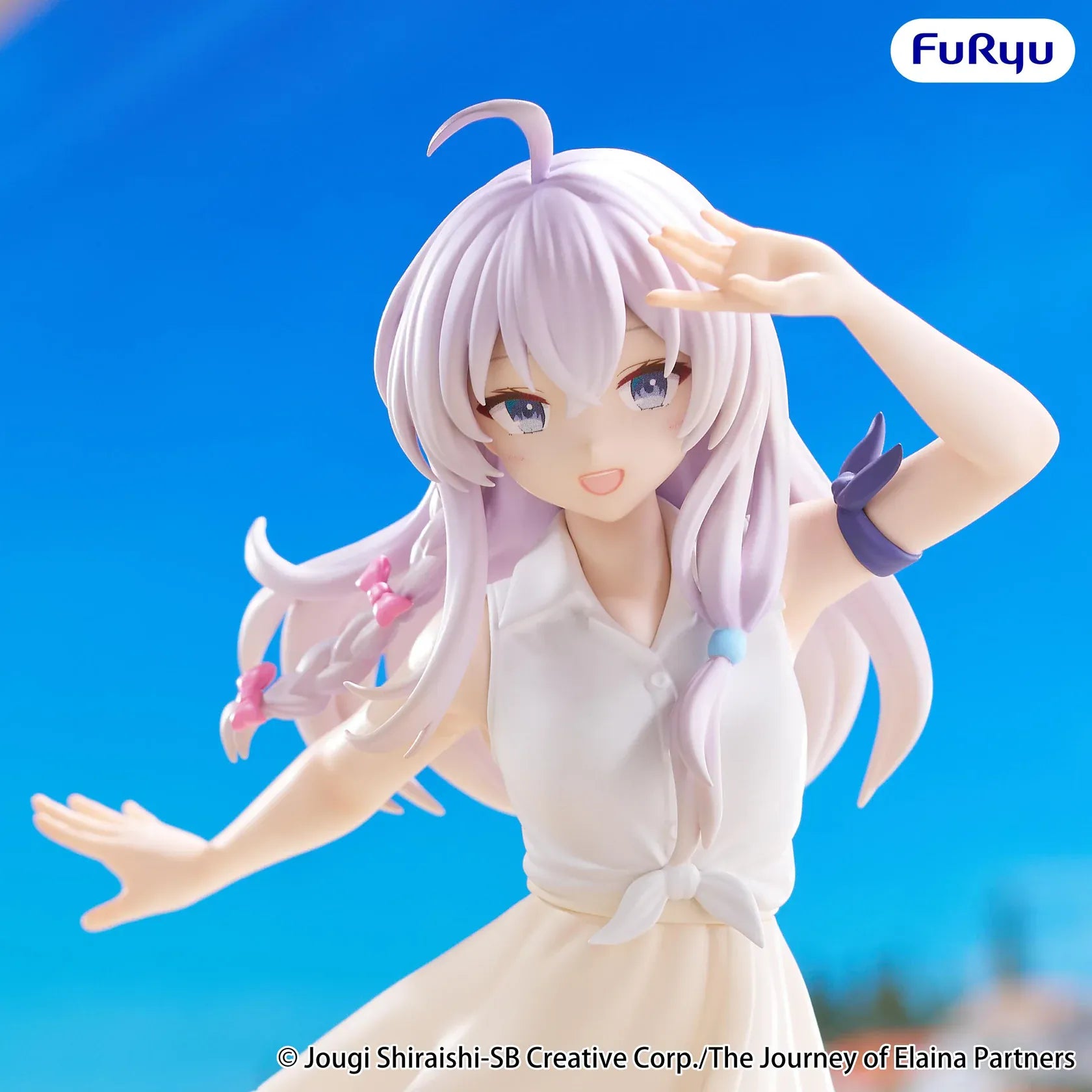 Elaina Muchute White Version figure from Wandering Witch The Journey of Elaina in white dress with scenic background