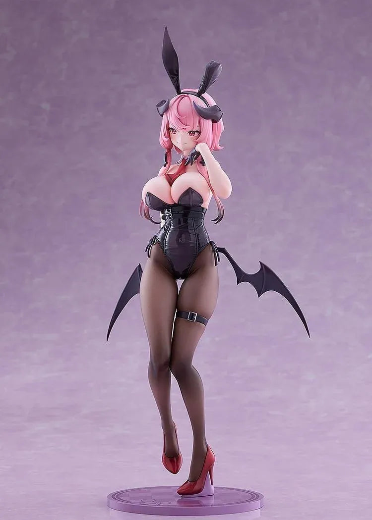 Stella Sora Bernina Bunny Ver. 1/7 Scale Figure featuring a pink-haired anime girl with reddish-pink eyes wearing a black corset-style bunny outfit, tall bunny ears, sheer tights, red heels, and bat-like wings on a purple display base.