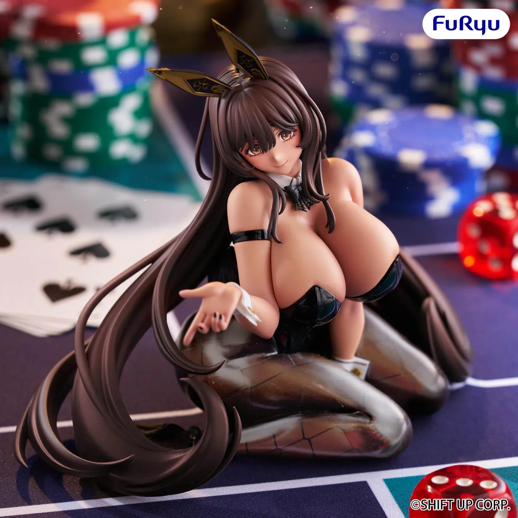 Goddess of Victory Nikke Noir Noodle Stopper Figure featuring Noir in a black bunny-style outfit with long brown hair and casino-themed details.