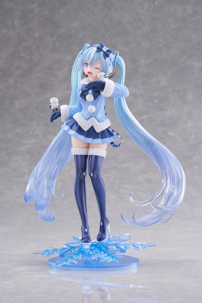 Vocaloid AMP+ Snow Miku All Stars 2012 Ver. Figure with icy blue twin-tails, winter outfit, bird details, and snowflake display base